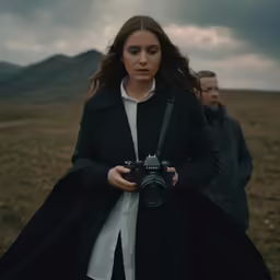 woman carrying a camera through the middle of a field