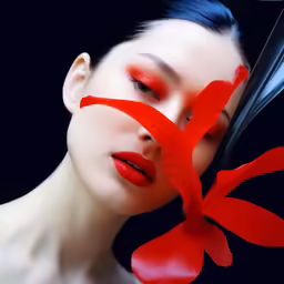 a woman is holding a fan in her hand while she wears red lipstick and flowers
