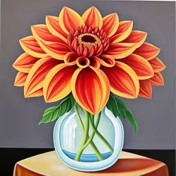 there is a painting with a red flower inside of it,a painting of flowers in a vase on a table,the flowers are in a glass vase with the orange flower,an oil painting of a large orange flower,a painting of a red and yellow flower in a clear vase