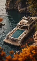 a large boat sitting in a very small body of water
