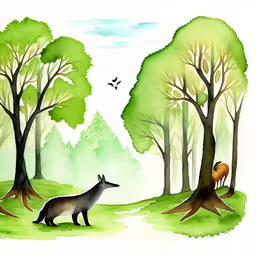 a watercolor painting of a fox and an acorn in a forest,this is a drawing of an animal standing in a forest,a fox and his prey are in the woods,a painting of two deer in a green forest,an illustration of a fox and its cub next to some trees