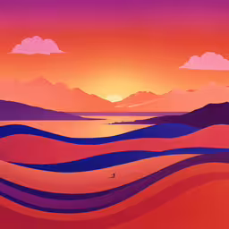 a painting with mountains in the background and blue waves at sunset,a painting is shown with mountains in the background