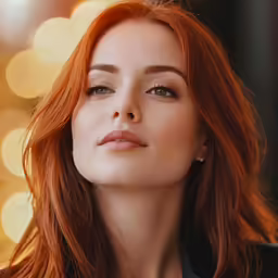a beautiful woman with long red hair standing by the street