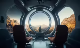an image from inside a space vehicle looking out on mountains