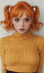 a woman with orange hair and bangs wearing a yellow sweater