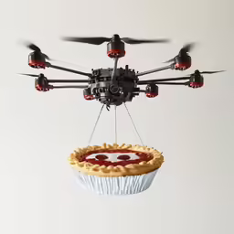 a black and white photo with a pie flying