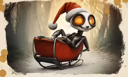 a cartoon character is in a chair with a christmas hat on