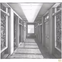 a long hallway that has a bunch of glass doors