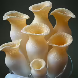 a glass bowl with five white vases in it
