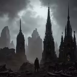 a guy stands on a ruined city street