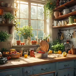 sunlight pouring through the window onto an old - fashioned kitchen