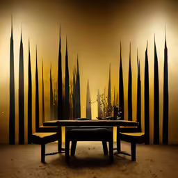 the table and chair are set up in the room