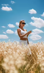 a woman in sunglasses standing in a wheat field