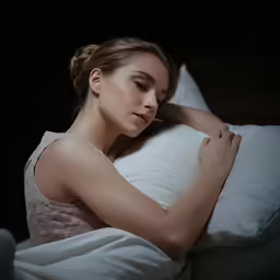 a young woman sleeping on a pillow and a dark background