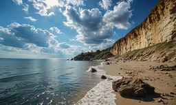a view of a cliff by the ocean with the tide coming toward it
