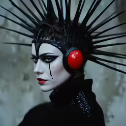 a woman with black hair and red ear rings