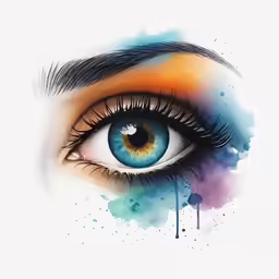 a blue eye with long lashes and orange eyeshade