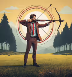 the poster shows a man wearing a business suit and holding a bow,a man in business attire aiming a bow at an arrow