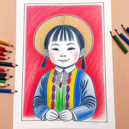 this is a drawing of a kid wearing a hat,a drawing of a child in an ethnic clothing