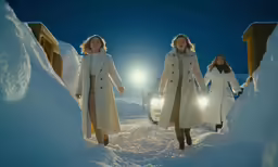 two women in coats are walking through the snow near some cars