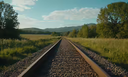 a railroad track in front of a grassy field
