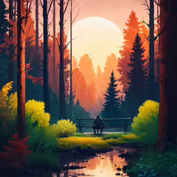 a painting of a person sitting on a park bench,painting of a person sitting on a bench near a small pond in the woods