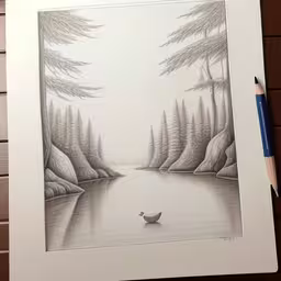 a drawing of a landscape with a lone bird floating in the water and some trees