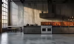 a kitchen with lots of open space and an island with a stove and oven