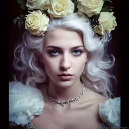 woman with white hair and flowers on her head wearing necklace