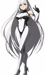 an anime character with long hair and white skin wearing a black and white costume