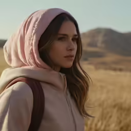 a woman in a pink hoodie stands on the plain