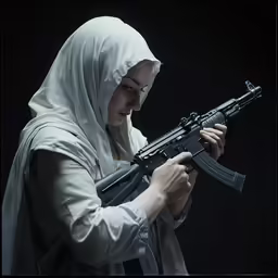 the woman is holding the rifle and looking at it