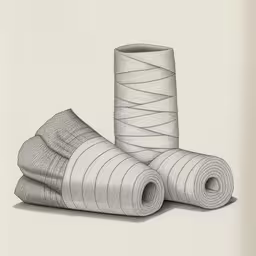 a drawing of a roll of thread and a rolled piece of fabric,a bunch of silver colored thread on top of each other