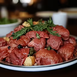 a platter filled with food, including meat and potatoes