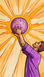 a man with his hands up to the top of a bowl