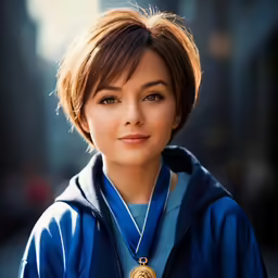 a woman wearing a gold medal on top of her chest