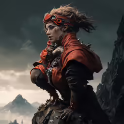 a lady dressed as the darkside ranger is sitting on a mountain
