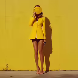 a young lady with blonde hair posing in front of yellow wall
