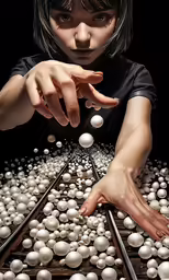 a young person reaching for a white ball with their fingers