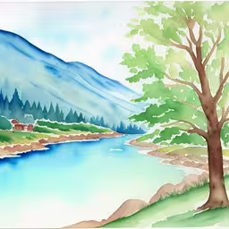 a painting of water, trees and houses in the mountains,the painting shows a view of a mountain with green trees and water,a watercolor painting with a lake and trees,an image of a painting of trees by the water,a painting of a beautiful river flowing through the mountains
