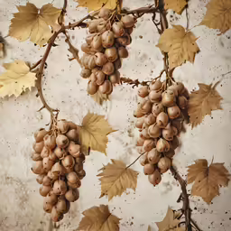 grapes are hanging from a vine with leaves