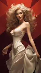 a women in a white dress posing on red and white