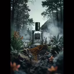 a bottle of cologne sitting on top of rocks