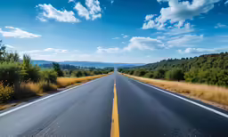 an empty highway near trees and mountains under a blue sky