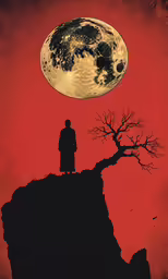 a man standing on top of a cliff under the moon