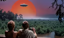 two people are sitting with a camera in their hands looking at a flying object