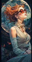 a beautiful redhead girl with long hair in a white dress and butterfly wings flying around