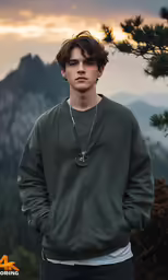 the young man is posed for a portrait