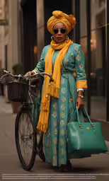 a woman stands next to her bicycle with a bag