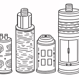 a line drawing of several different types of bottles,two rockets and several containers with no labels,a drawing of four bottles on a white background,three cans on a white background,a black and white illustration of three large tubes